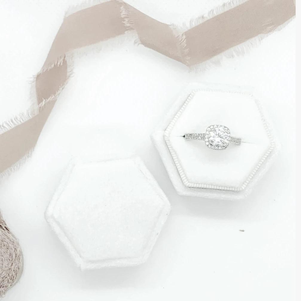 White Velvet Hexagon Ring Box