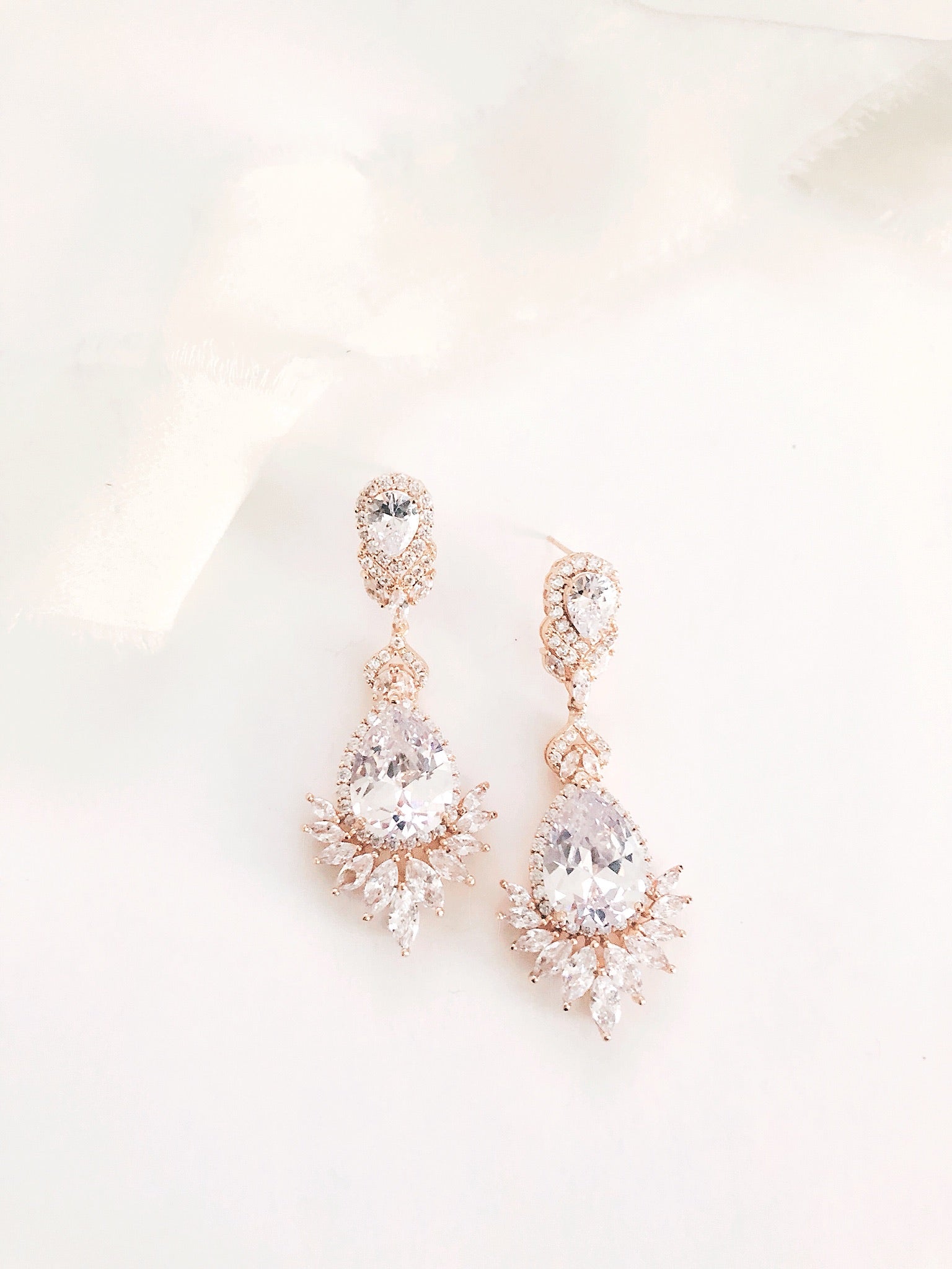 Priscilla Long Rose Gold Diamond Statement Wedding Earrings