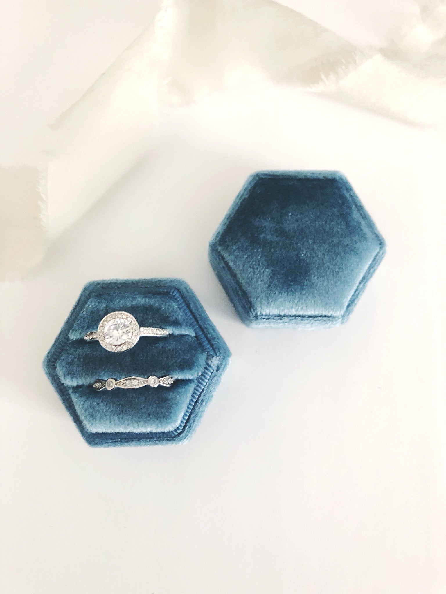 Sky Blue Velvet Hexagon Ring Box - Clearance