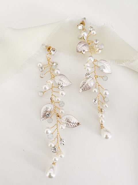 Keliope Long Drop Pearl Opal and Diamond Earrings
