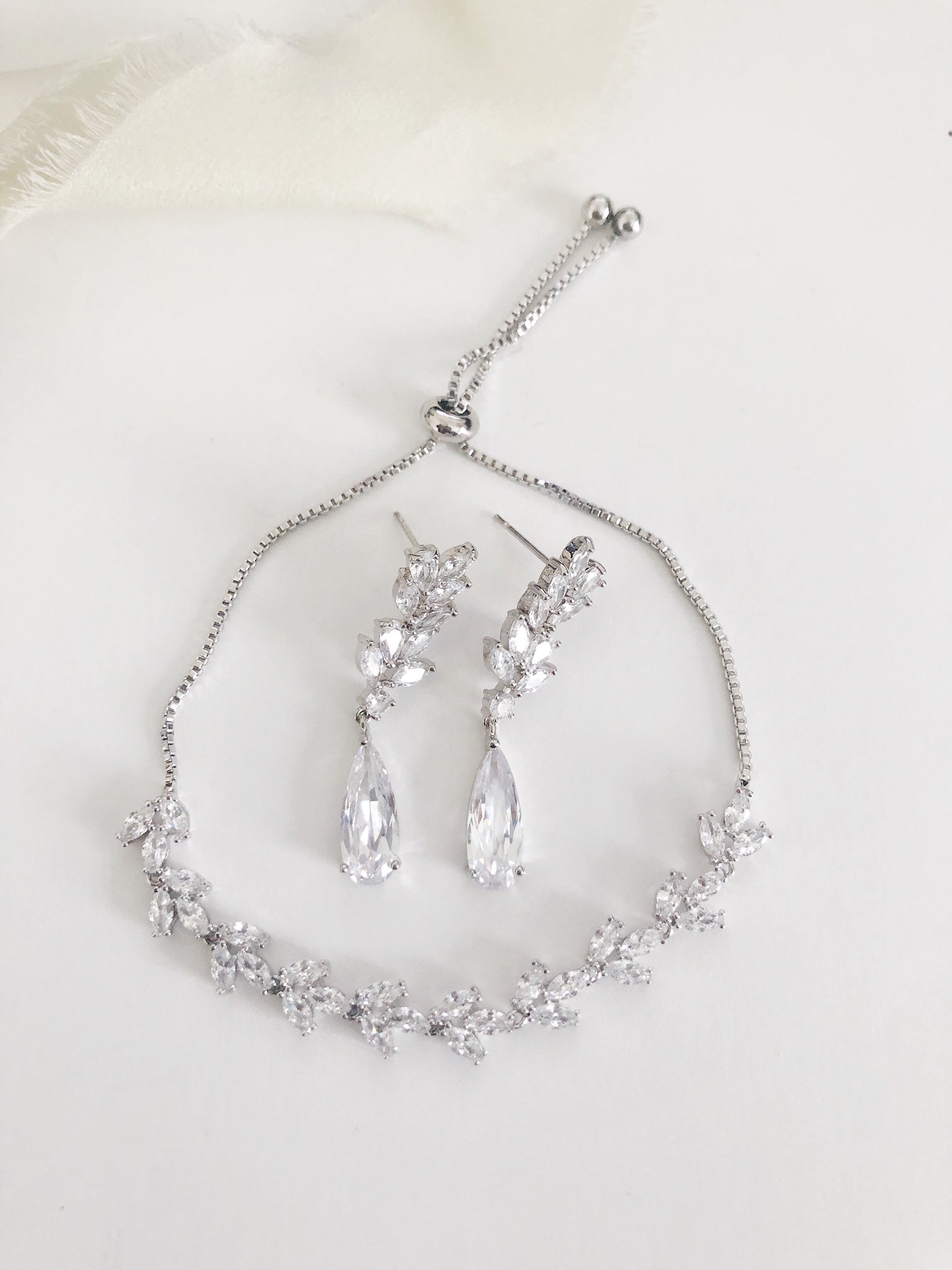 Jasmine Silver Diamond Earrings and Bracelet Set