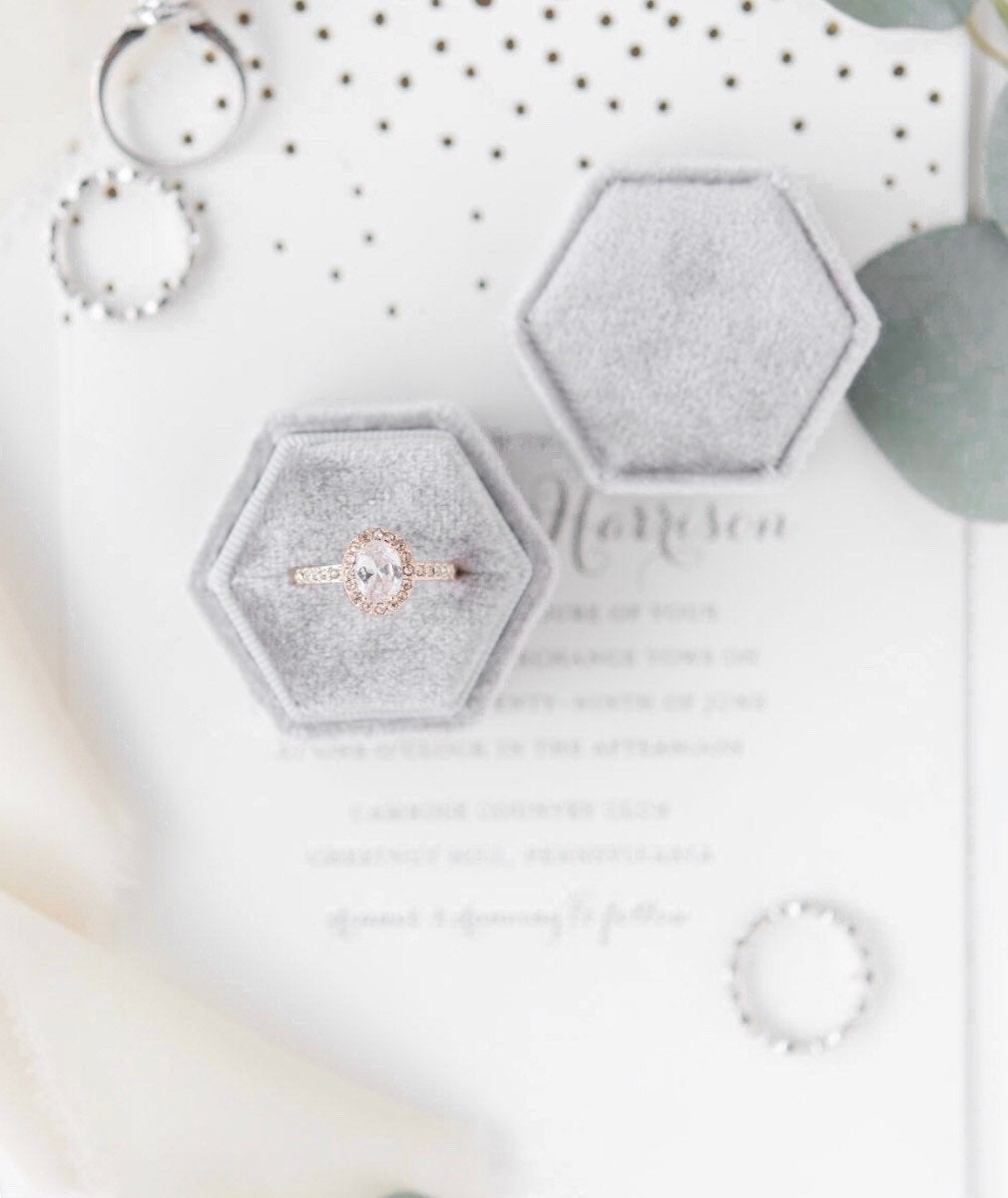 Silver Grey Velvet Hexagon Ring Box