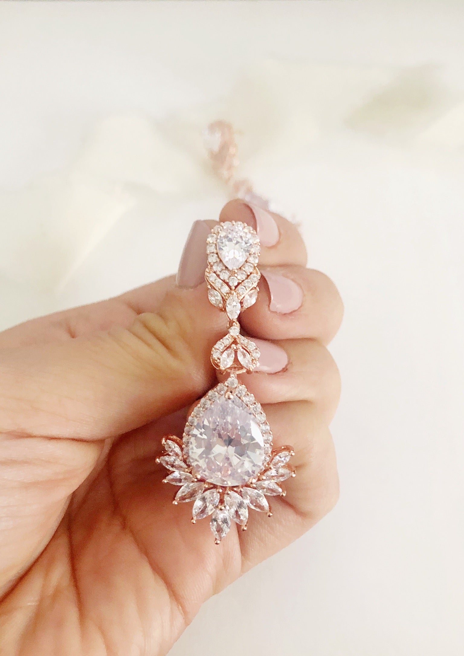 Priscilla Long Rose Gold Diamond Statement Wedding Earrings