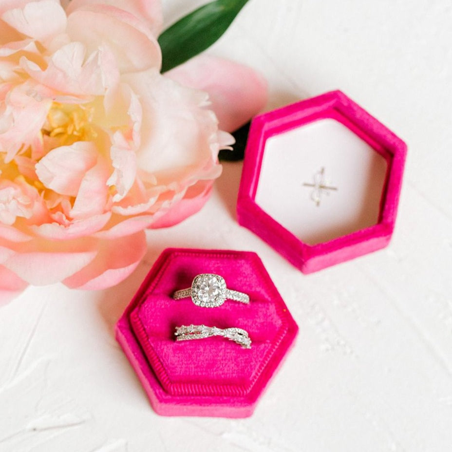 Fucshia Pink Velvet Hexagon Ring Box