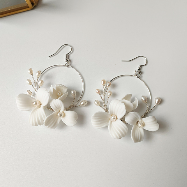 Jinelle Ceramic Floral Hoop Freshwater Pearl Earrings