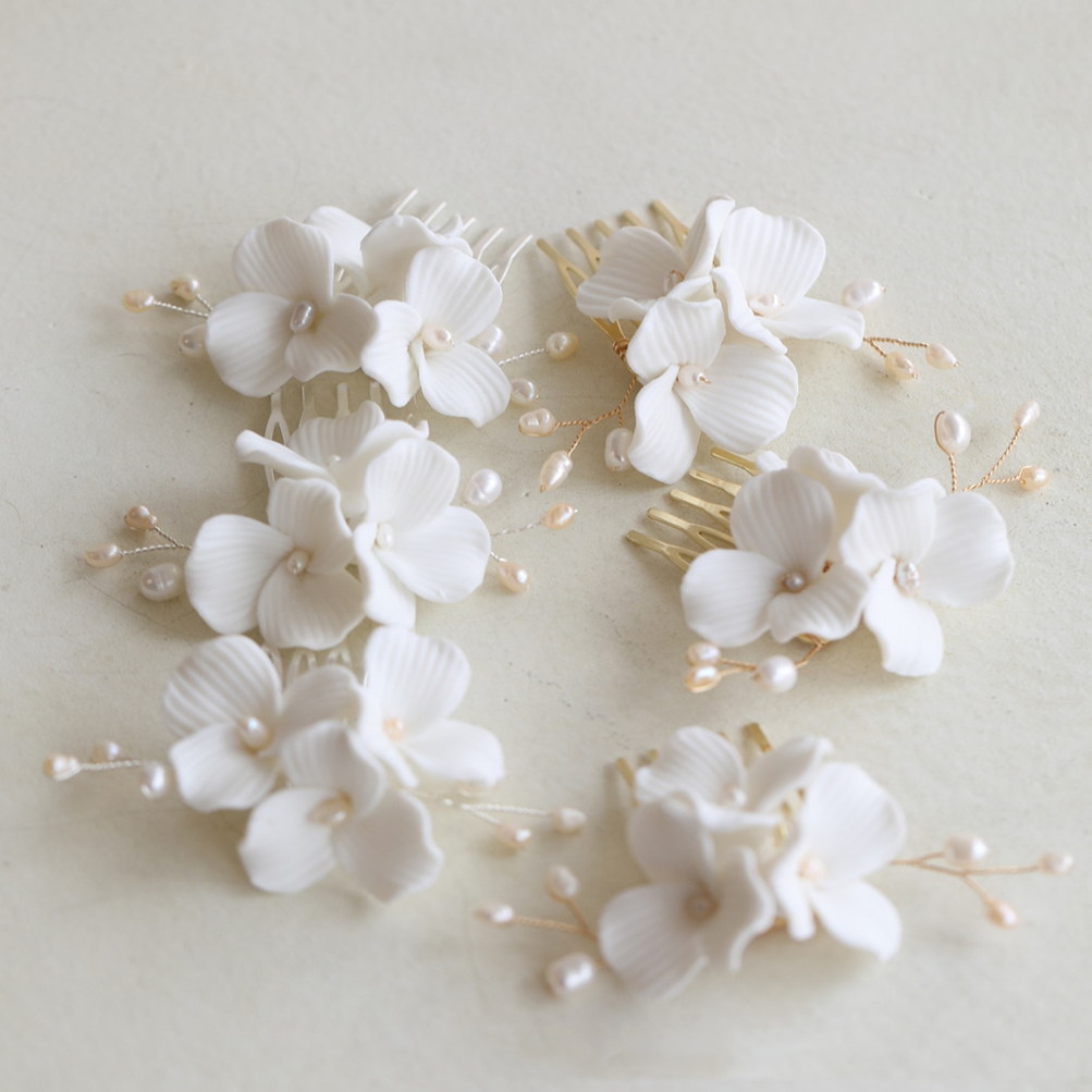 Marnie White Ceramic and Freshwater Pearl Floral Hair Comb