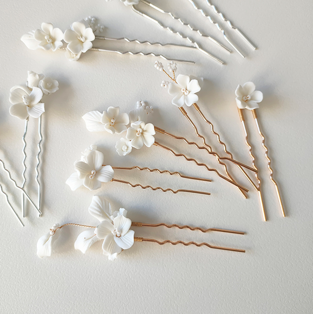 Melanie White Ceramic Floral Hair Pins