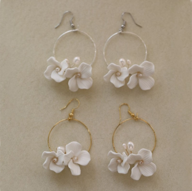 Marnie Ceramic Floral Hoop Freshwater Pearl Earrings