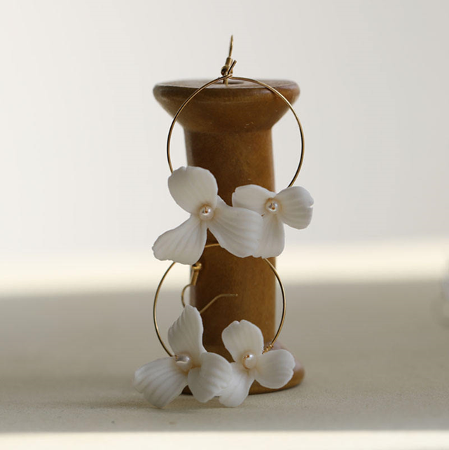 Jinea Ceramic Floral Hoop Freshwater Pearl Earrings
