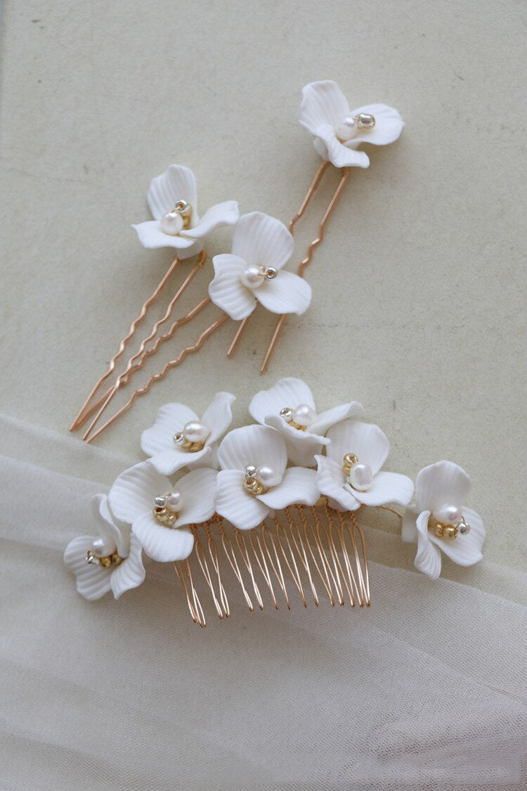 Calyn White Ceramic Floral Pearl Hair Pins