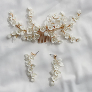 Milicent White Ceramic Floral Hair Comb and Earrings Set