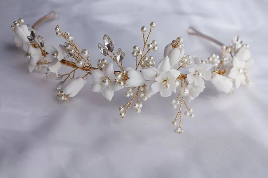 Emaline White Ceramic Floral Pearl Headband