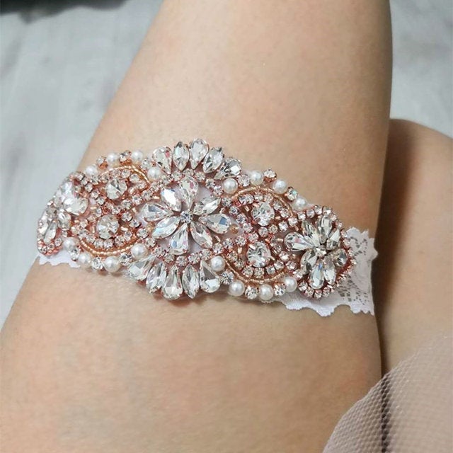 Rose Gold Diamond Rhinestone Bridal Garter Set