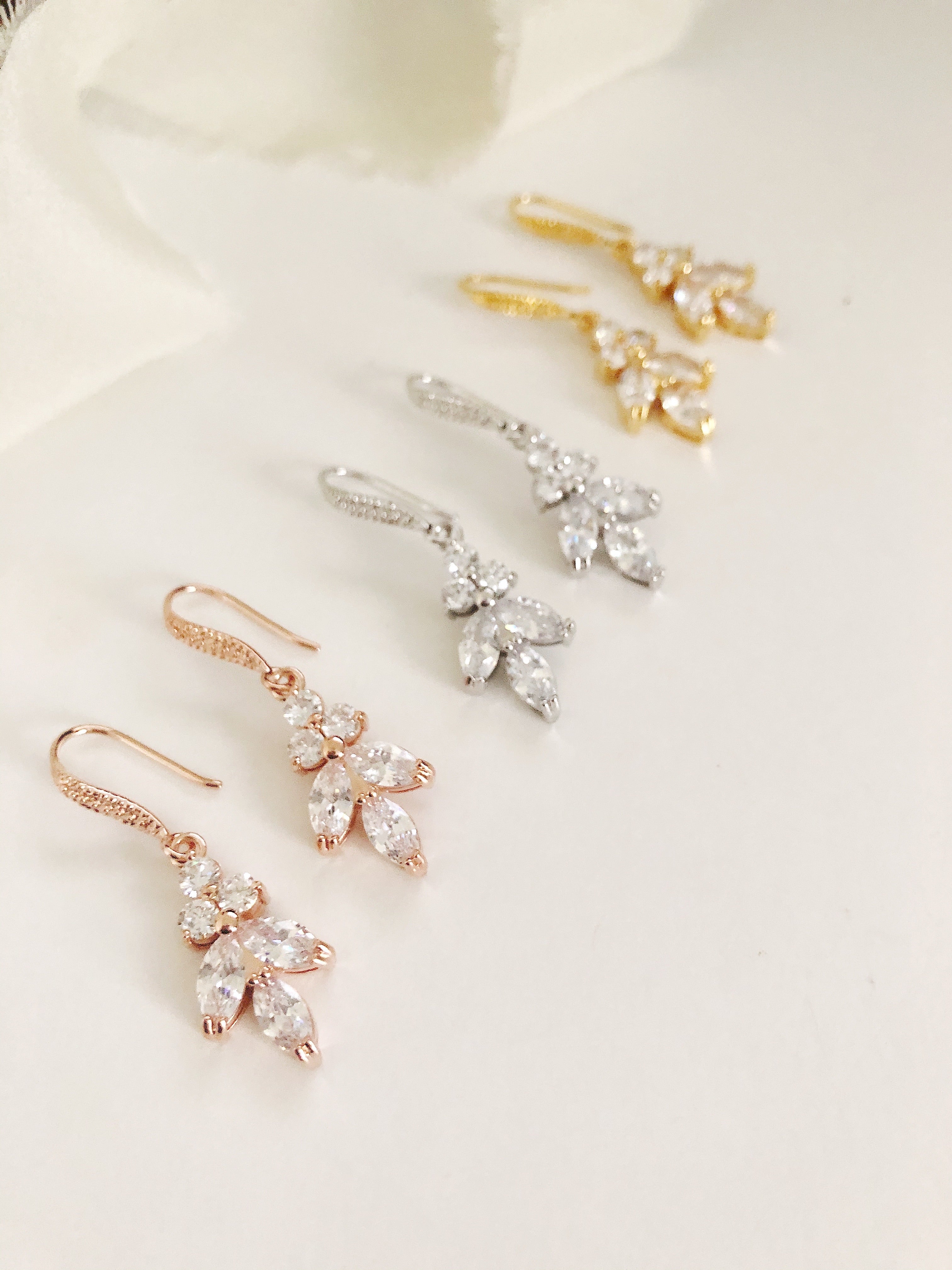 Ellen Silver Diamond Leaf Drop Wedding Earrings