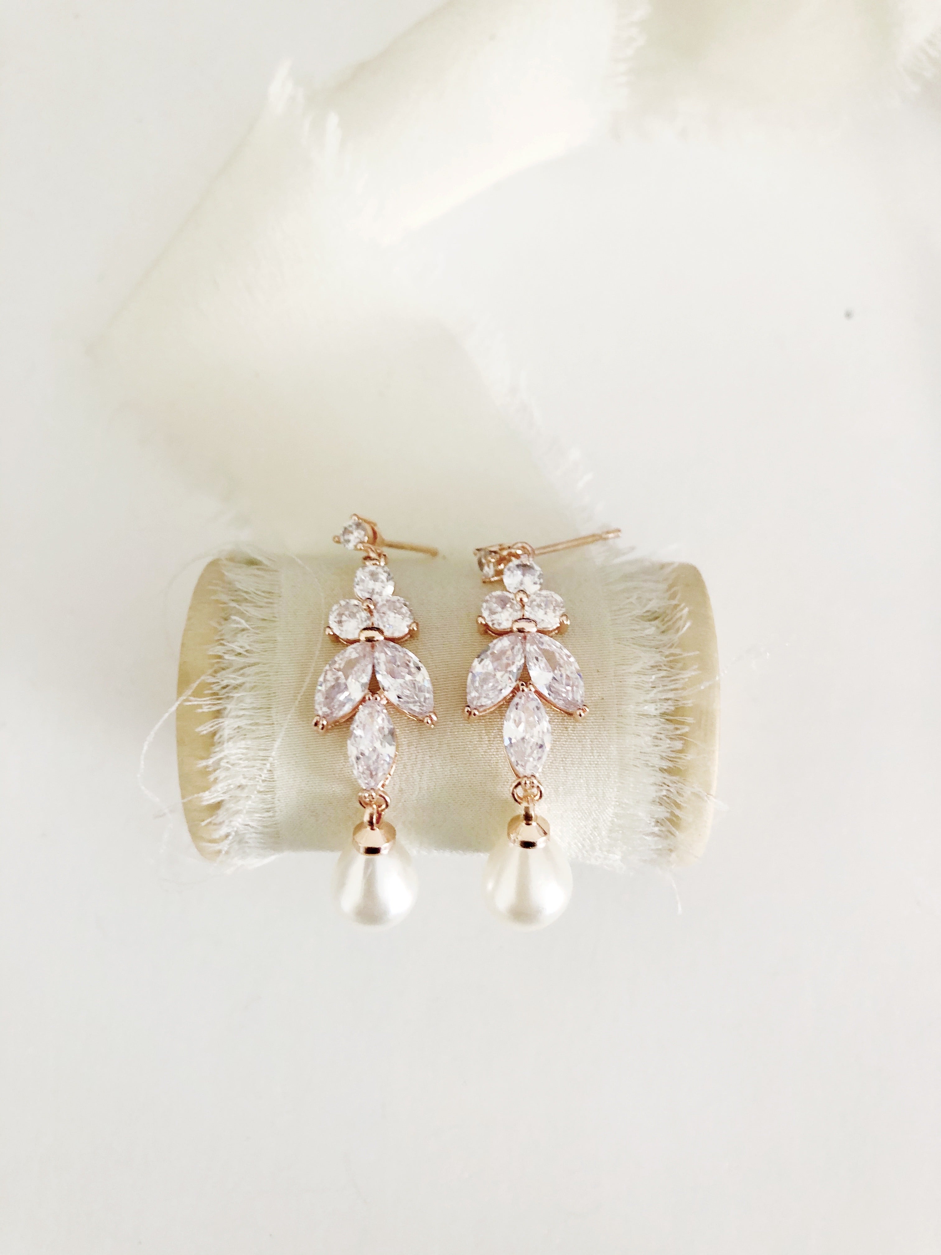 Pearl Ellen Diamond Leaf Drop Wedding Earrings