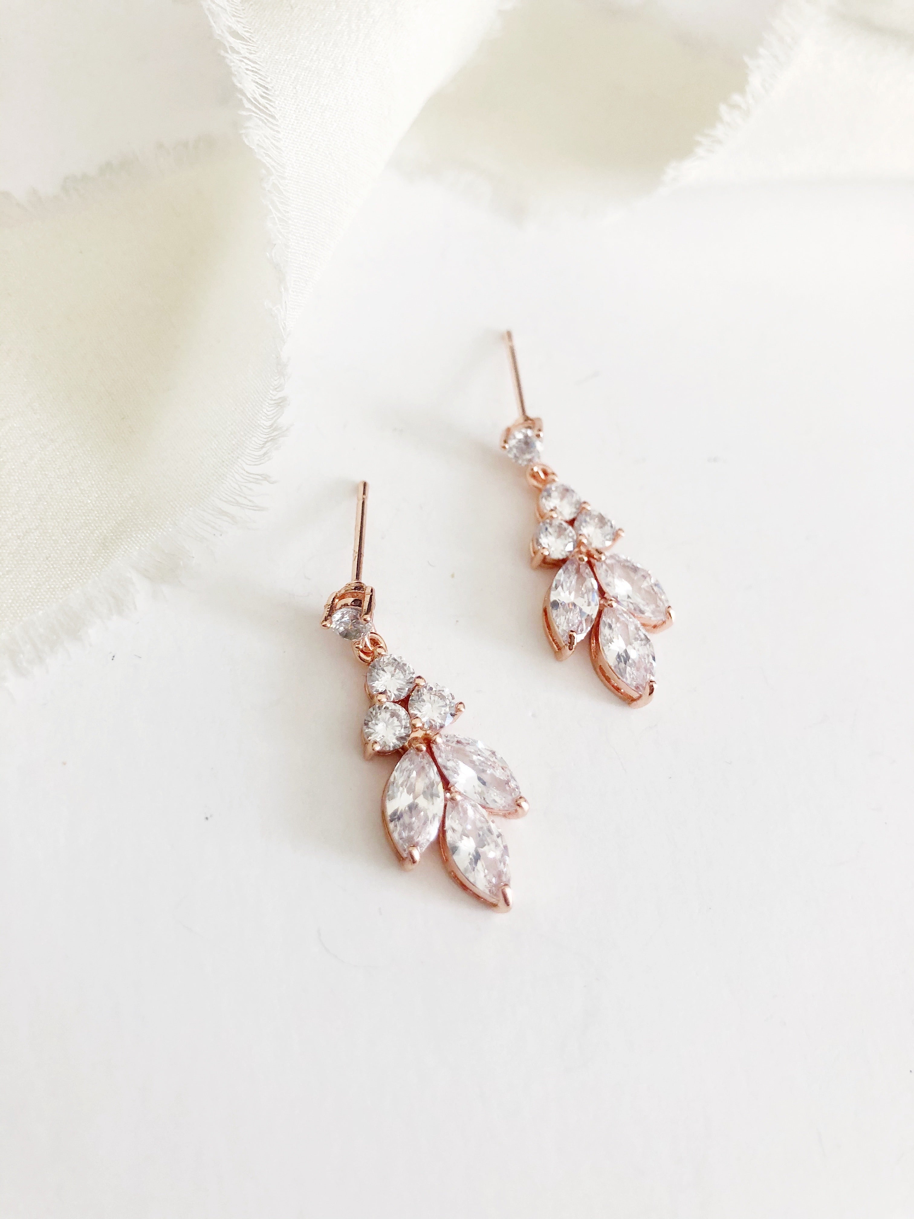 Ellen Stud Diamond Leaf Drop Wedding Earrings