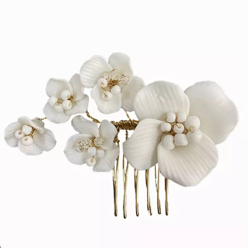 Aveira White Ceramic Floral Small Hair Comb