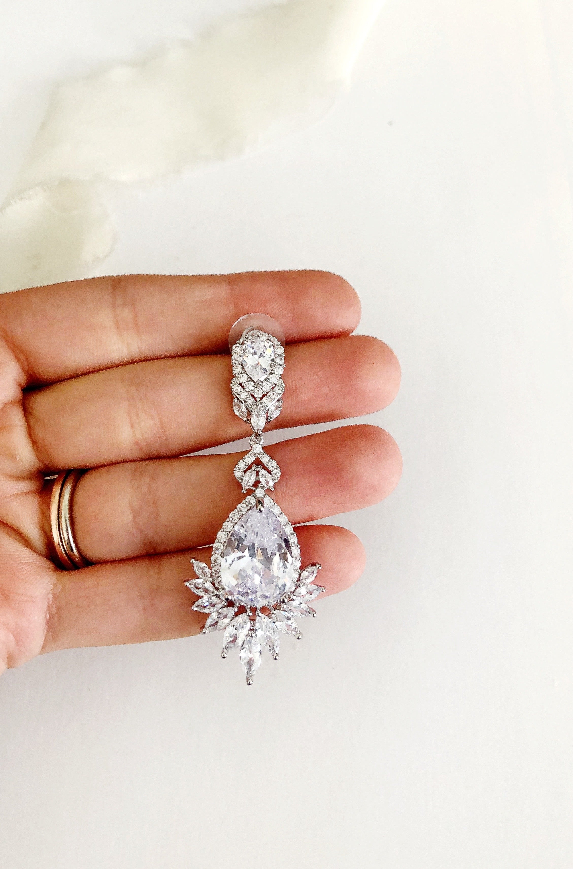 Priscilla Long Silver Diamond Statement Wedding Earrings