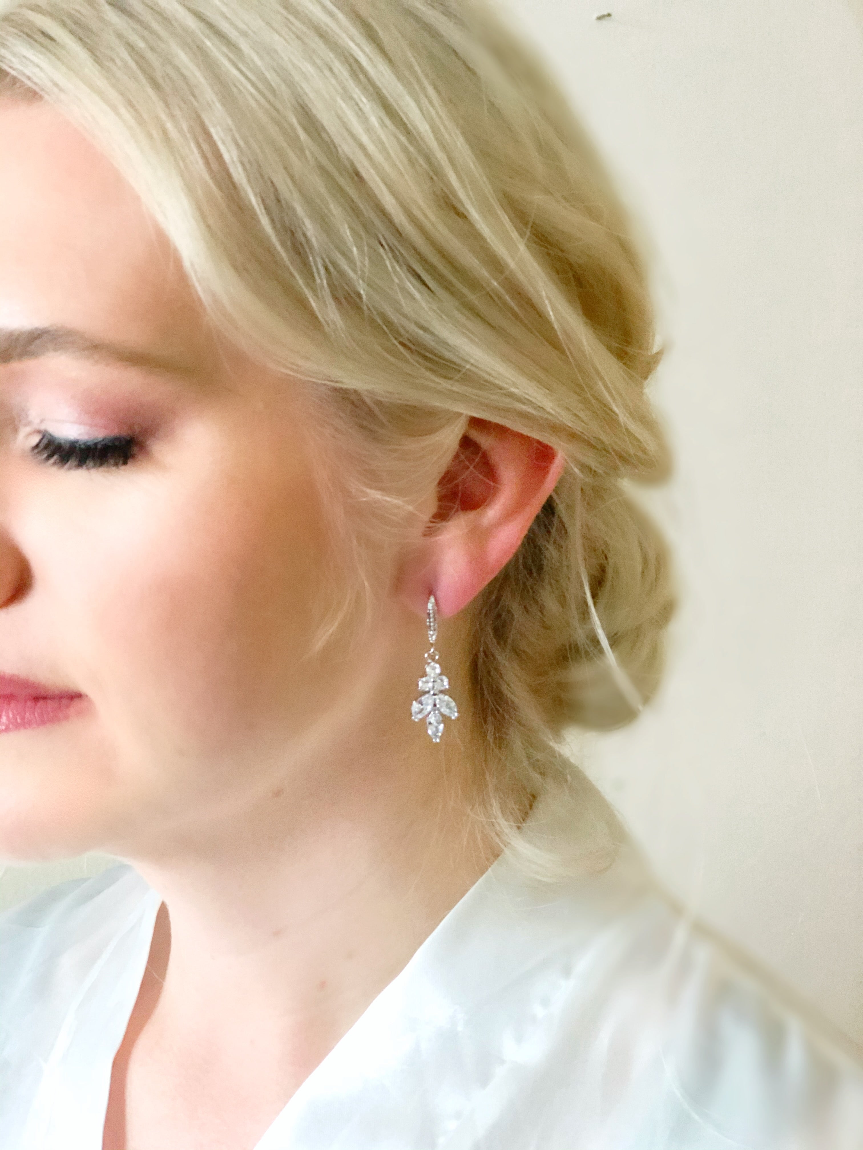 Ellen Rose Gold Diamond Leaf Drop Wedding Earrings