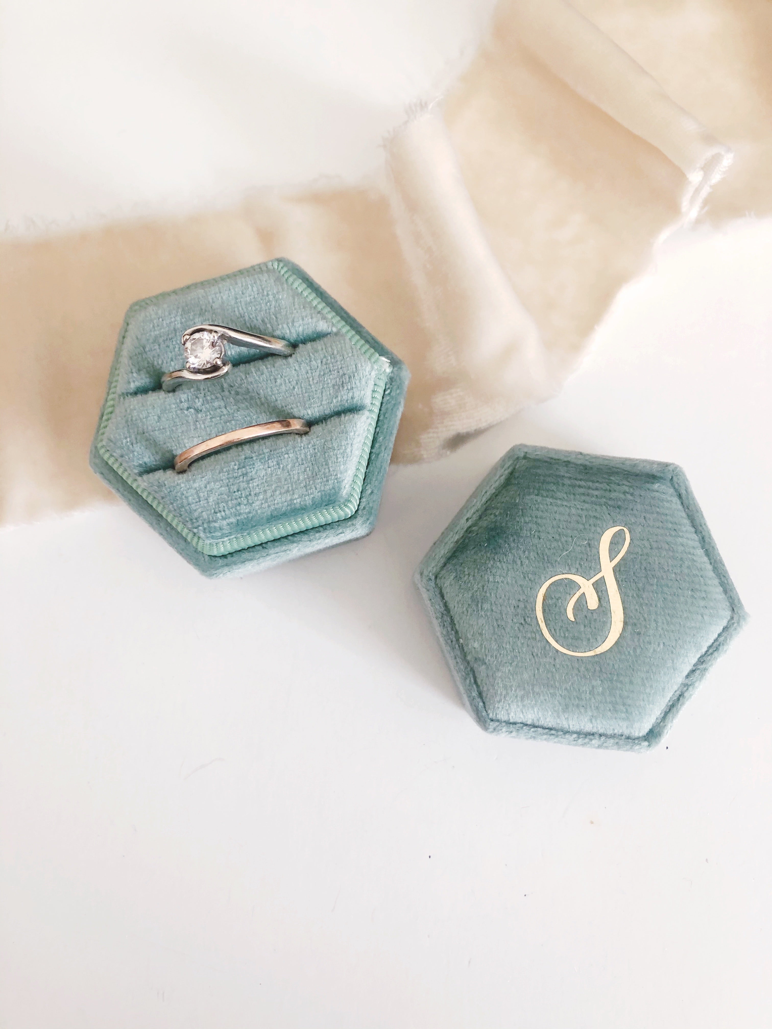 Sage Green Velvet Hexagon Ring Box
