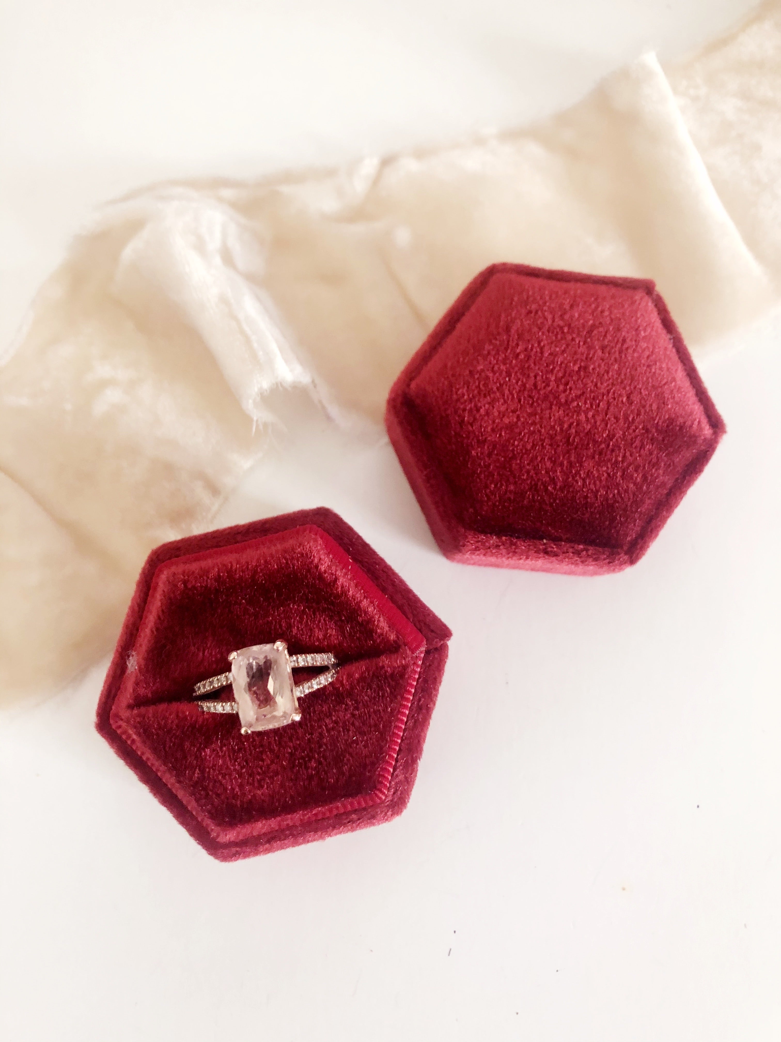 Burgundy Red Velvet Hexagon Ring Box