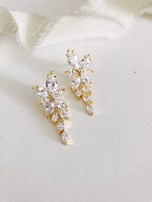 Janelle Gold Diamond Leaves Drop Wedding Earrings