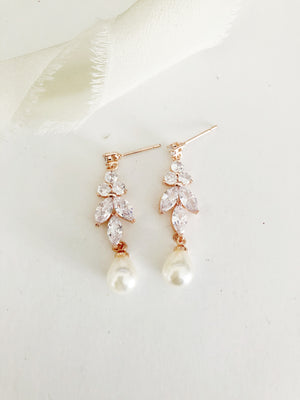 Pearl Ellen Diamond Leaf Drop Wedding Earrings