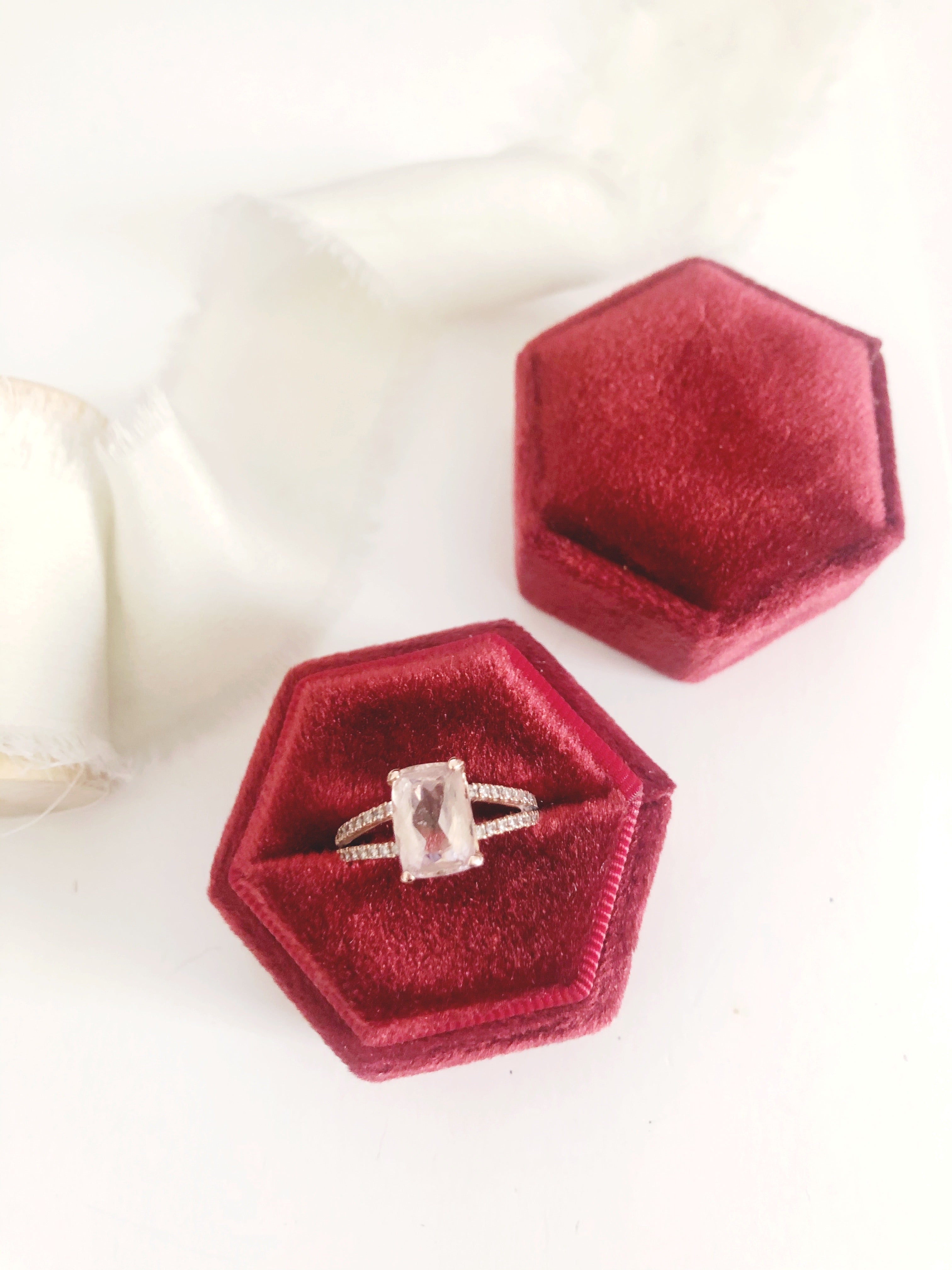 Burgundy Red Velvet Hexagon Ring Box