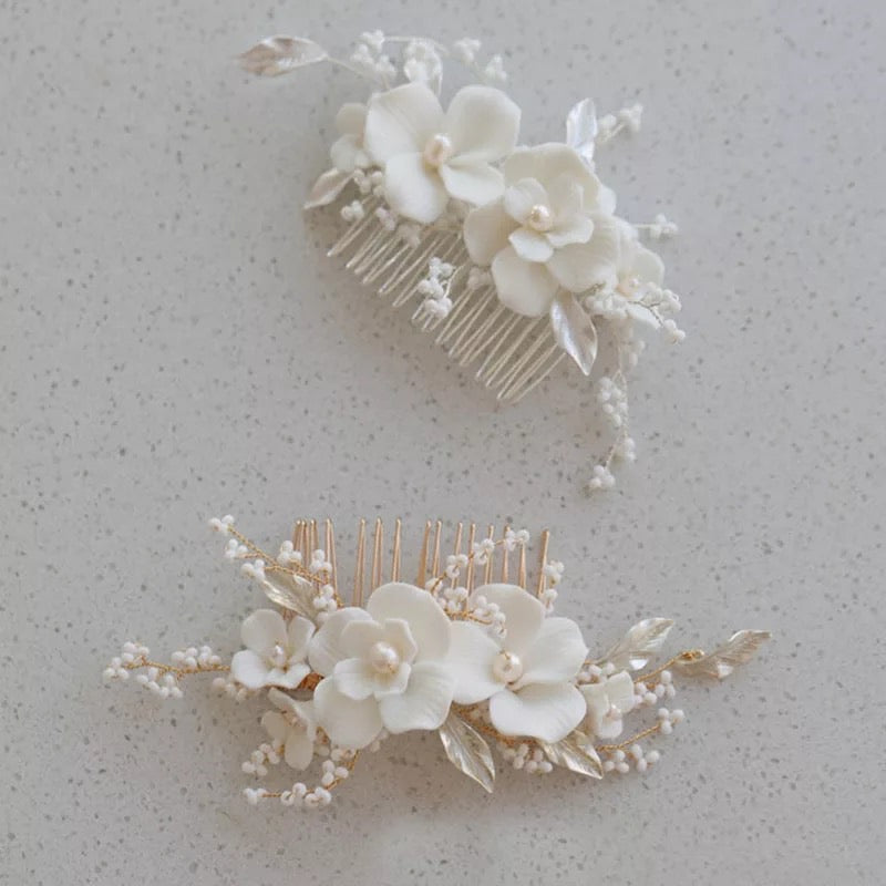 Simona White Ceramic Pearl Floral Hair Comb