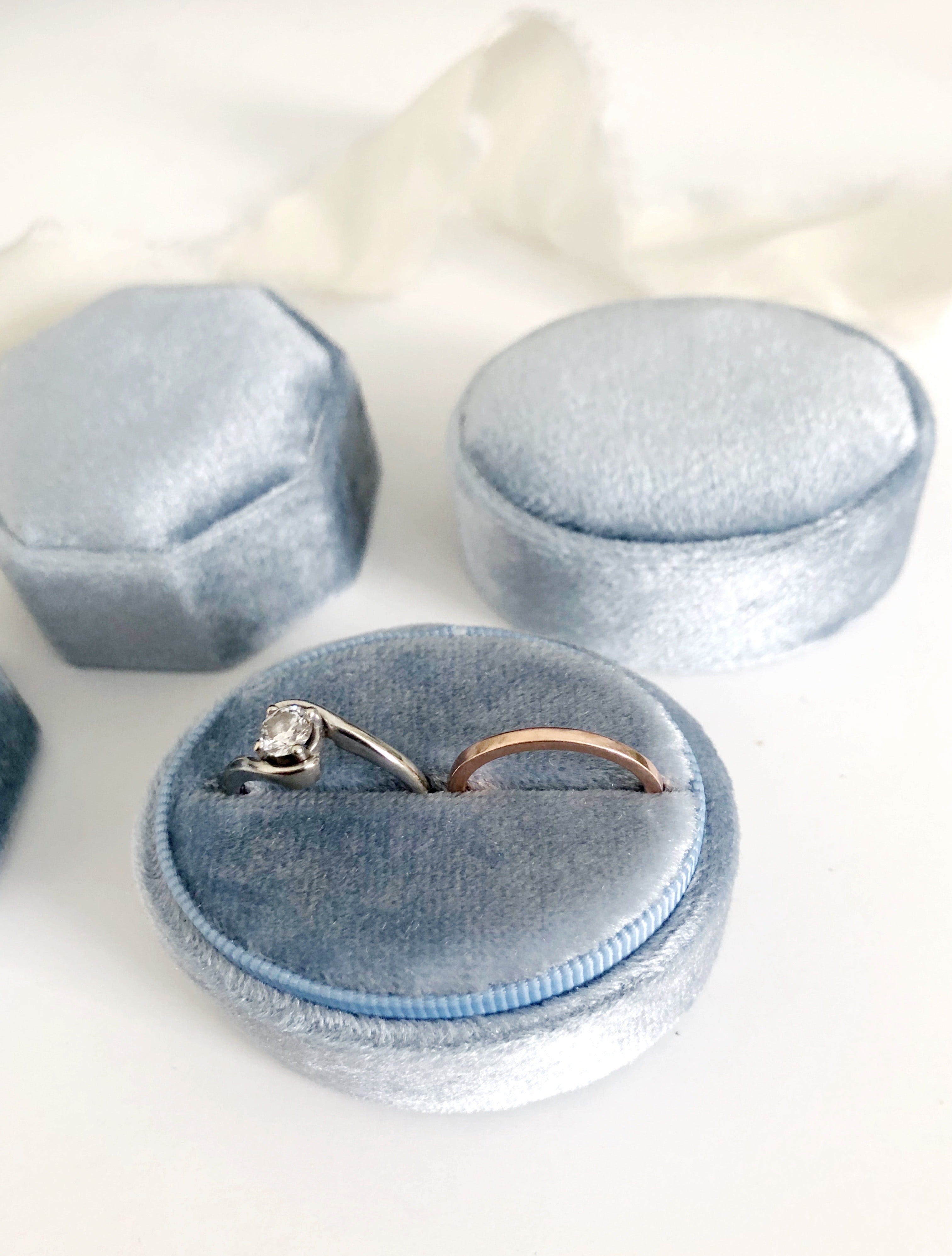 Dusty Blue Velvet Horizontal Oval Ring Box