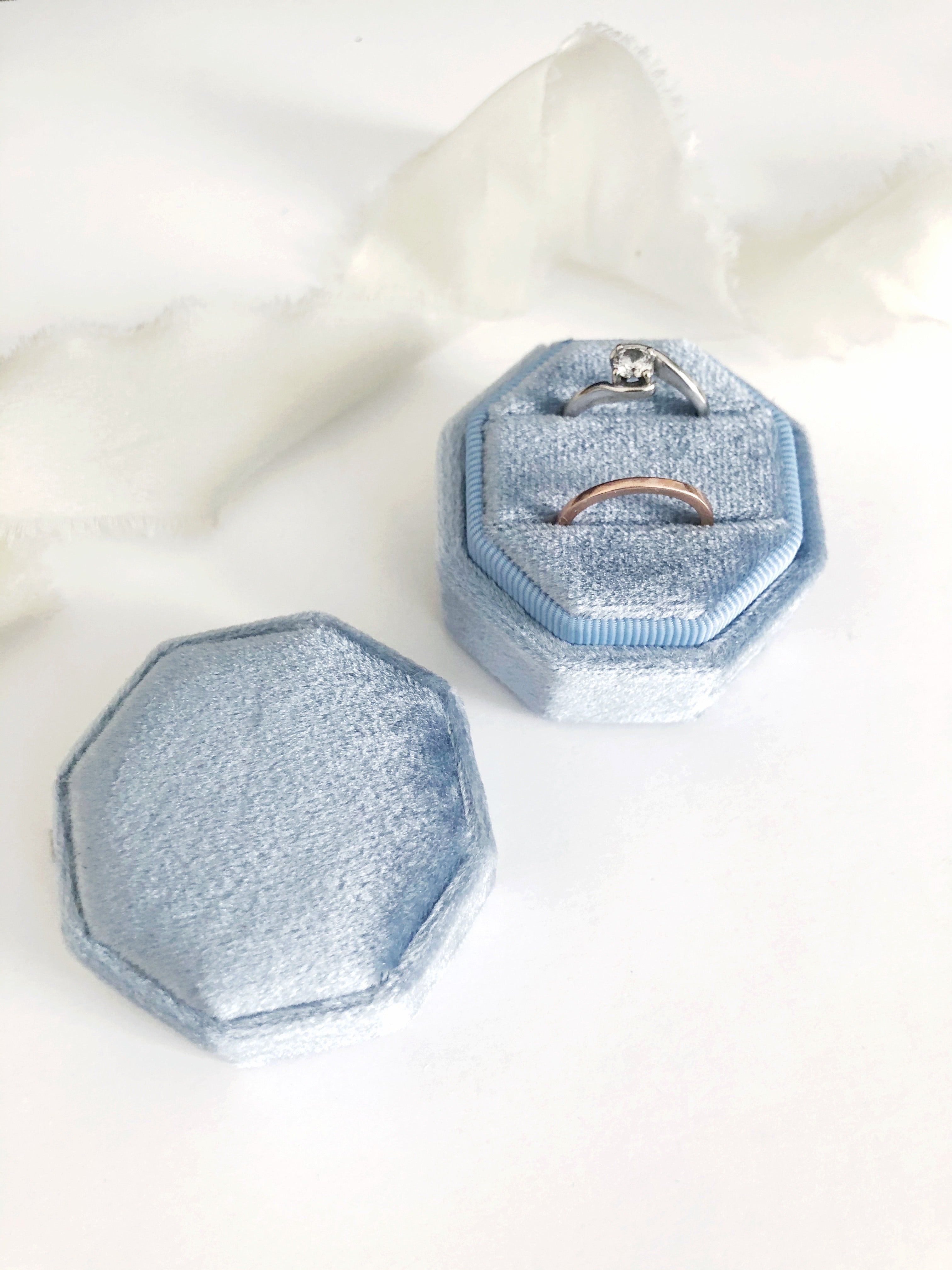 Dusty Blue Velvet Round Octagon Ring Box