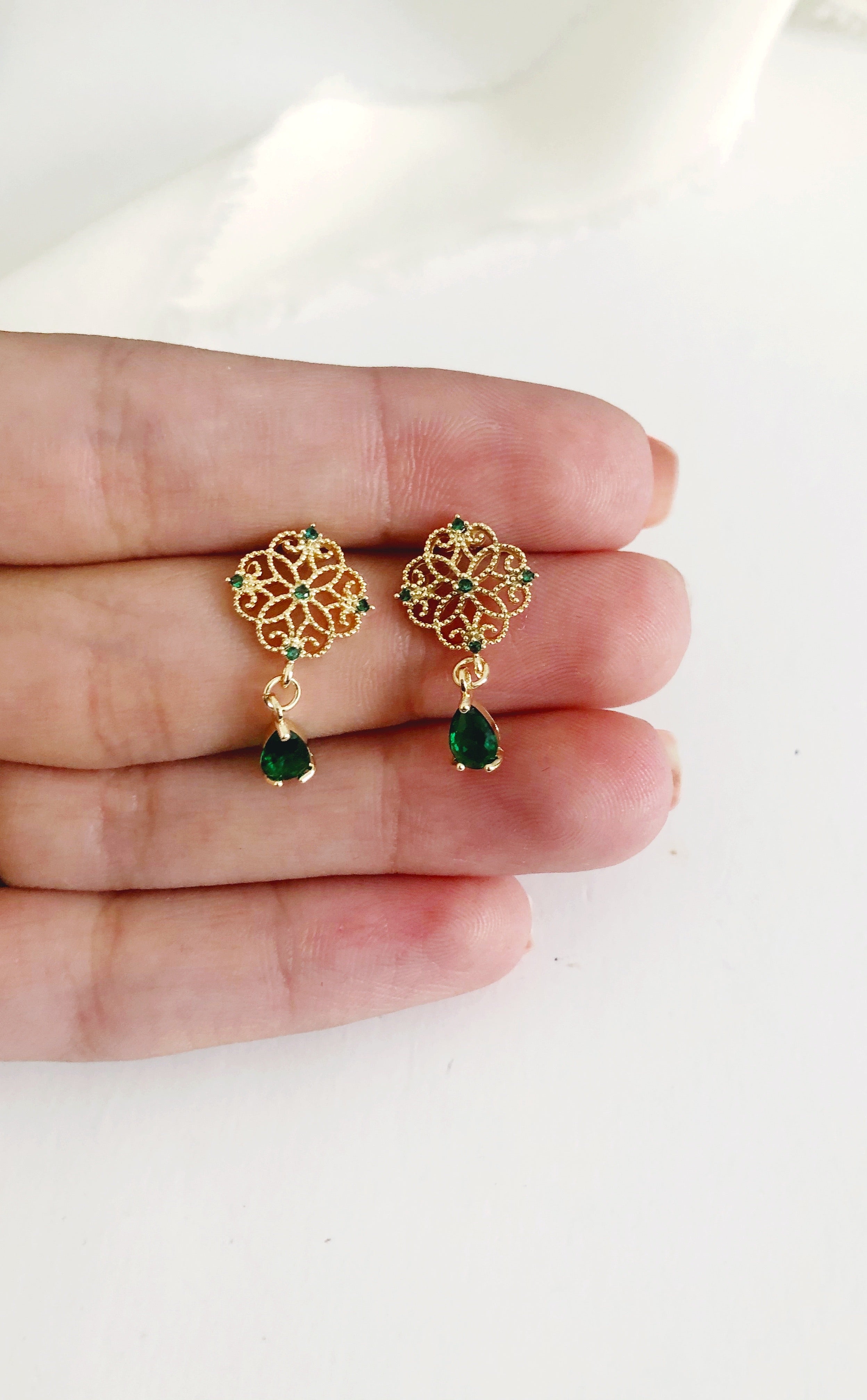 Maraj Emerald Green Diamond Drop Wedding Earrings