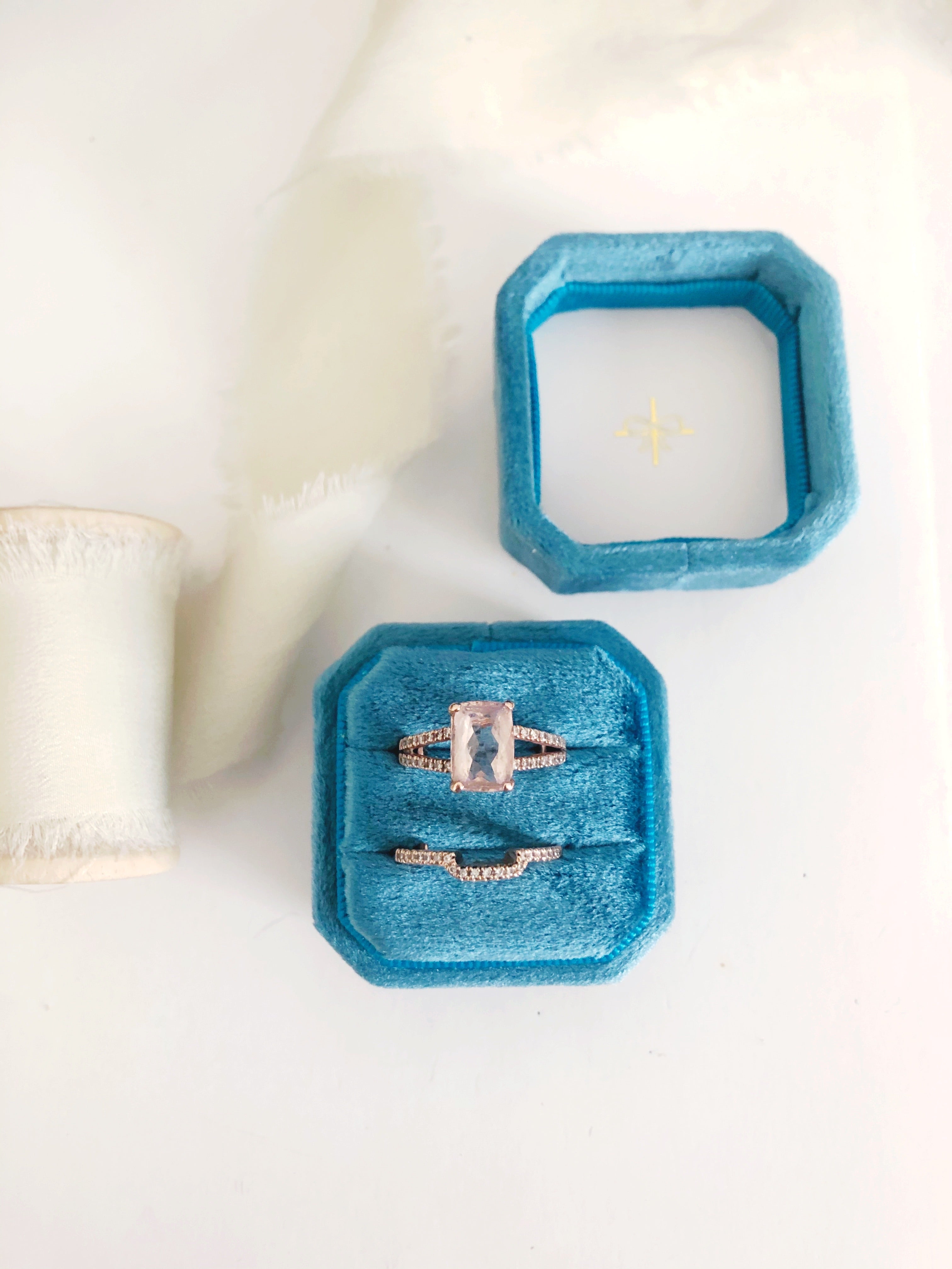 Turquoise Blue Velvet Square Octagon Ring Box