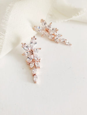 Janelle Rose Gold Diamond Leaves Drop Wedding Earrings