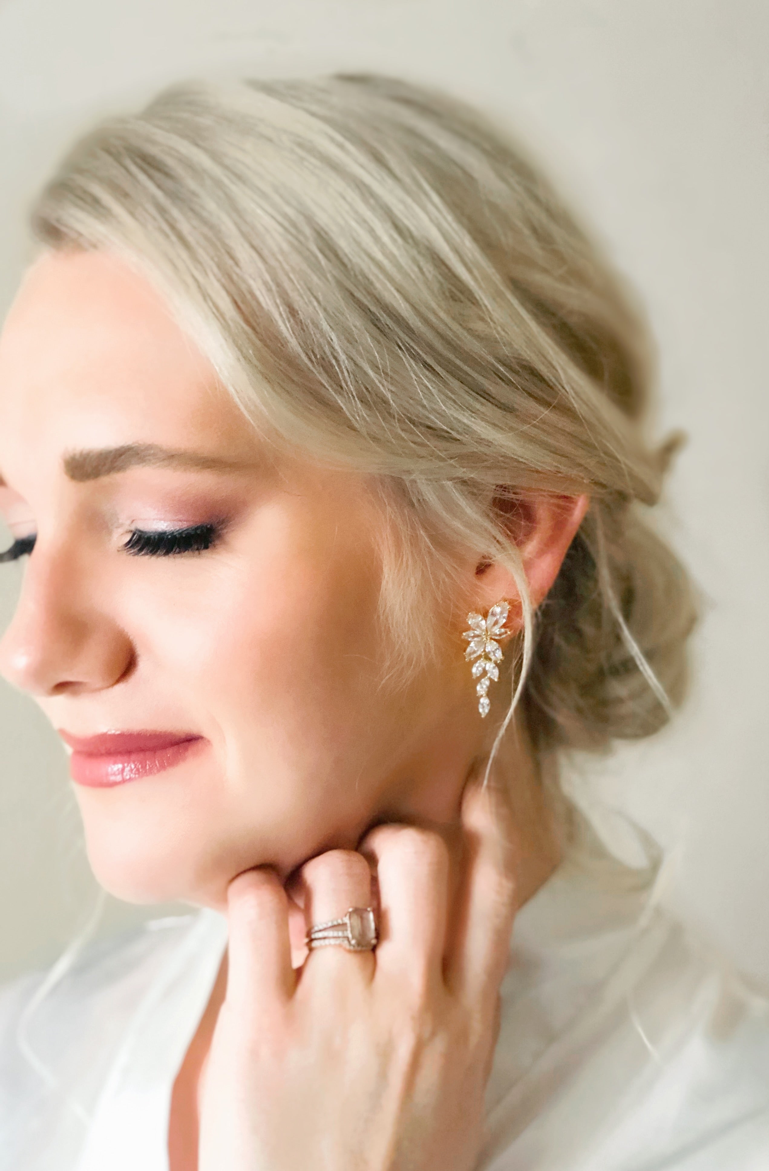Janelle Rose Gold Diamond Leaves Drop Wedding Earrings